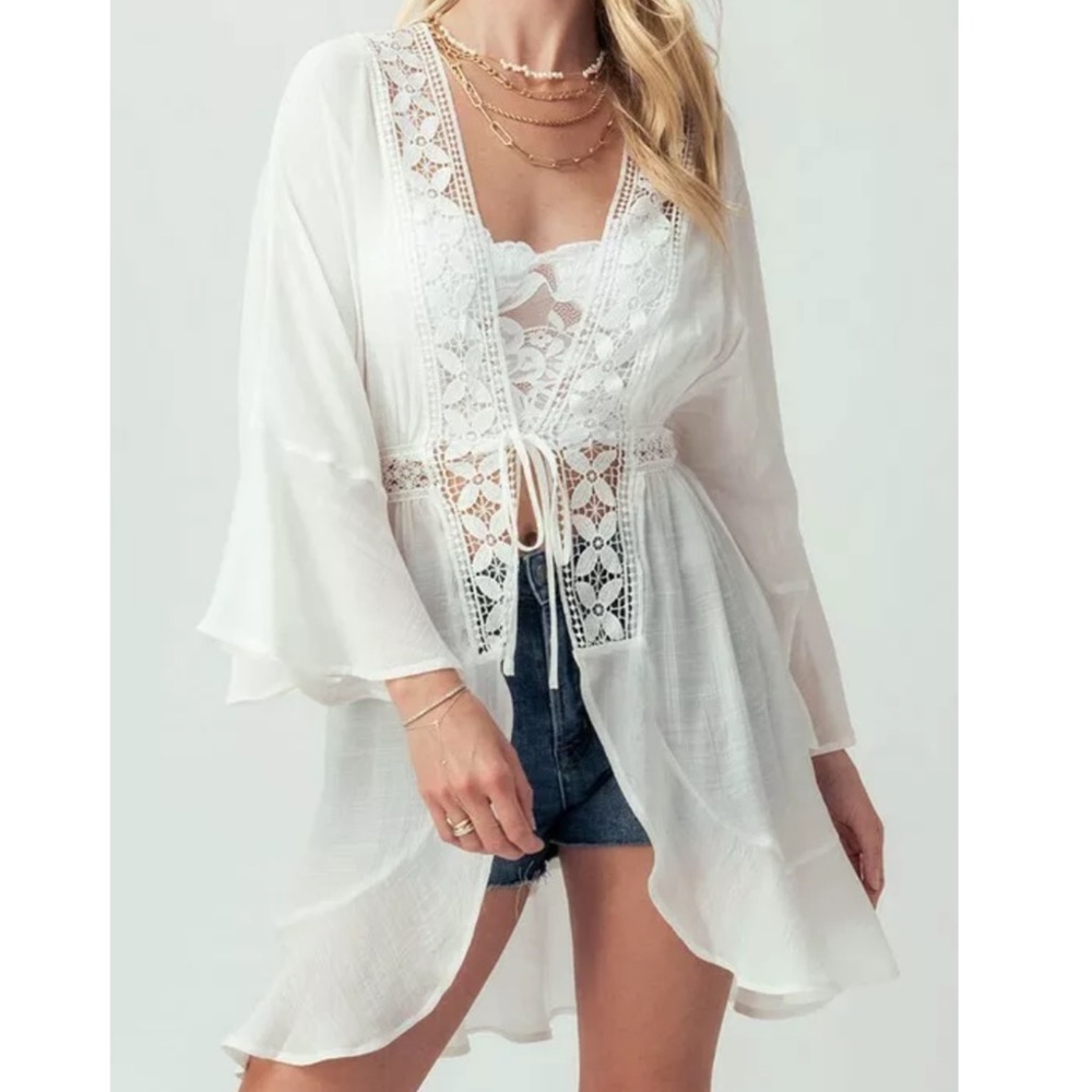 CLEARANCE Off White Boho Crochet Ruffle Bell Sleeve Cardigan